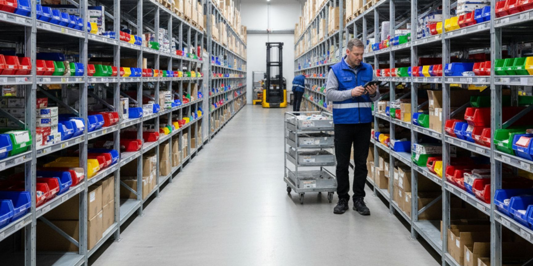 Warehouse worker with tablet and picking trolley in a modern warehouse with high shelves and pallet racks that illustrate the person-to-goods principle.